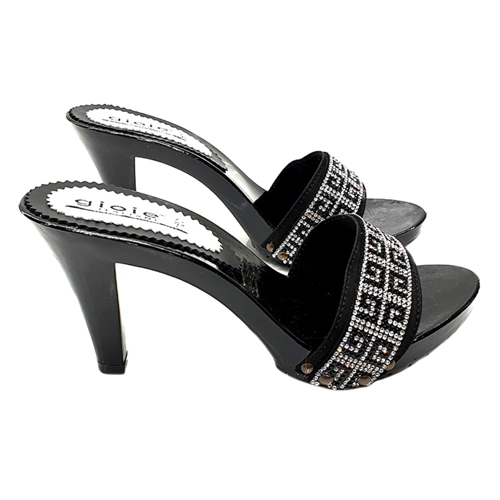 BLACK CLOGS WITH BLACK AND WHITE STRASS 